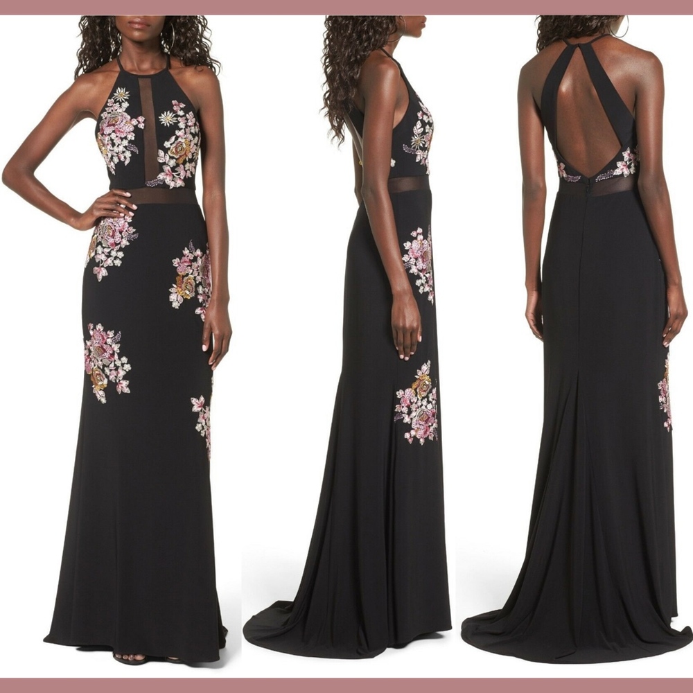 New Xscape Embellished halter jersey floral gown